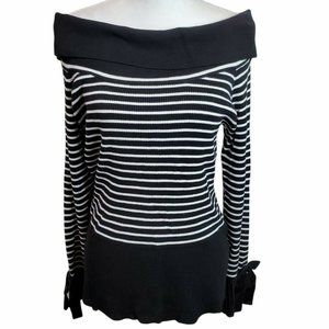 New York and Co Womens Sweater Sz XL Black White Off-Shoulder Neck 7th Avenue LS